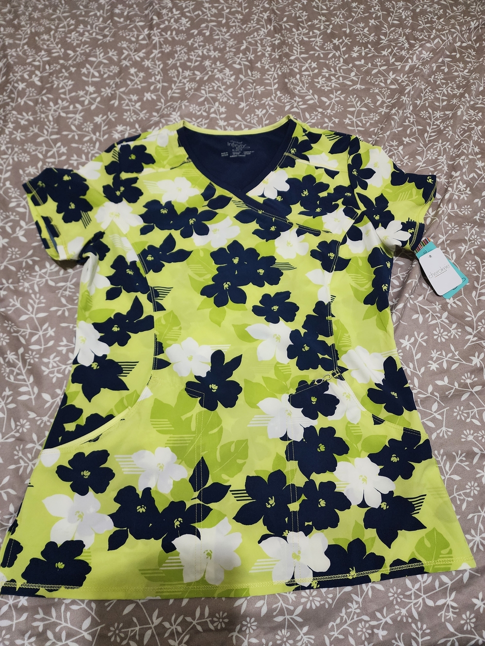 Cherokee Lime Green Navy White Floral Scrub Top